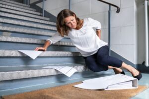 A woman has fallen on some stairs, prompting her to wonder about the 8 things to do after a slip and fall accident.