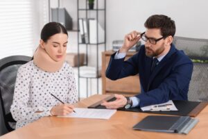 An injured woman consulting a lawyer. Learn about how long after a car accident you can file an injury claim in Washington.